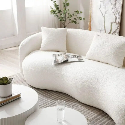 Minimalist Curved Sofa with Pillows - Soft Corduroy or Cozy Polar Fleece Upholstery