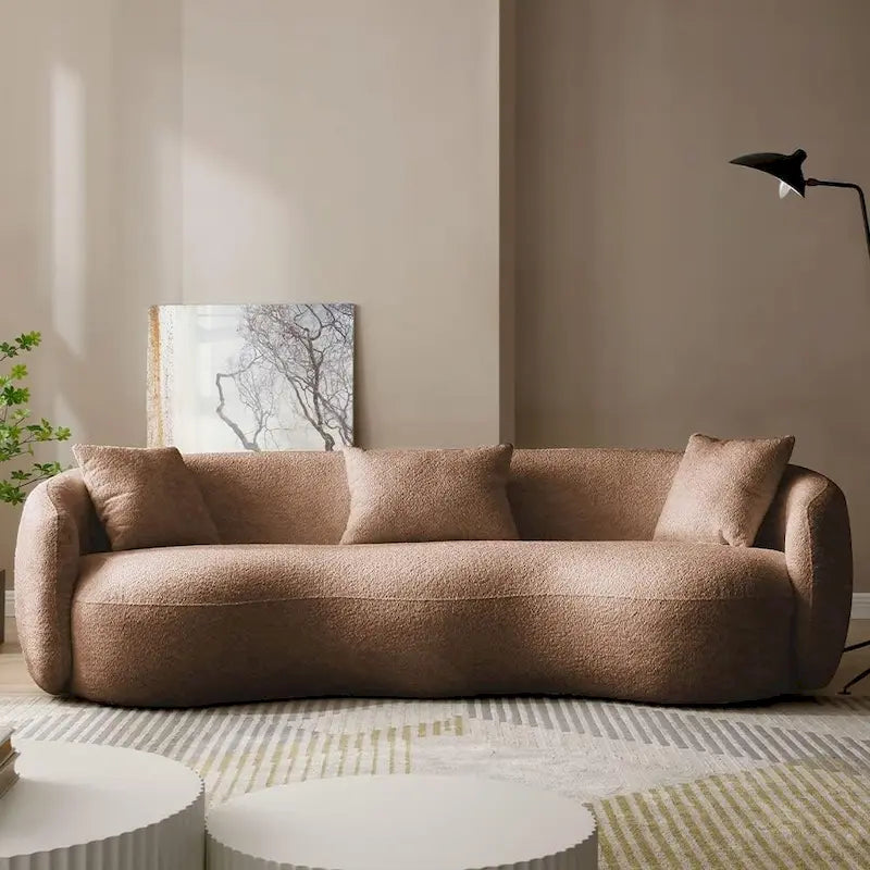 Minimalist Curved Sofa with Pillows - Soft Corduroy or Cozy Polar Fleece Upholstery