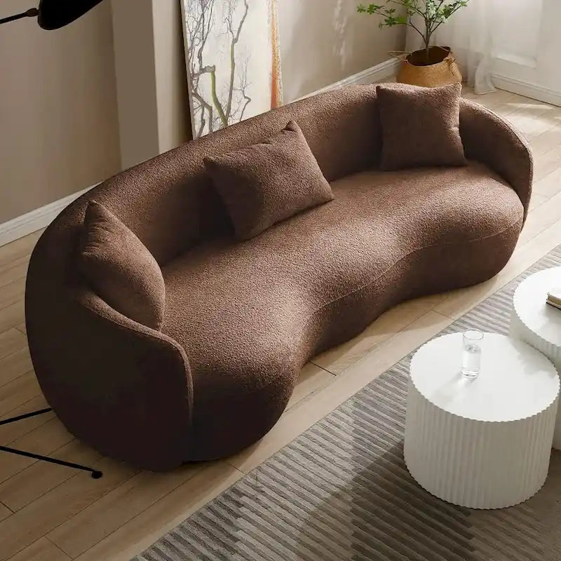 Minimalist Curved Sofa with Pillows - Soft Corduroy or Cozy Polar Fleece Upholstery