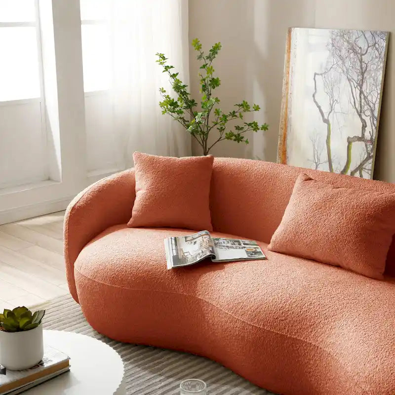 Minimalist Curved Sofa with Pillows - Soft Corduroy or Cozy Polar Fleece Upholstery