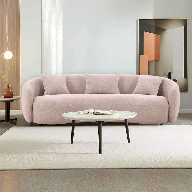 Minimalist Curved Sofa with Pillows - Soft Corduroy or Cozy Polar Fleece Upholstery