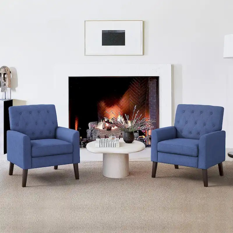 LUE BONA Linen and Walnut Legs Mid Century Modern Button Tufted Accent Chair (Set of 2) - 33.86 H X 27.95 W X 29.53 D