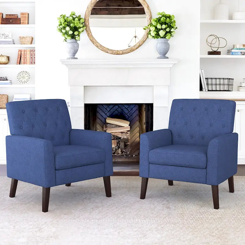 LUE BONA Linen and Walnut Legs Mid Century Modern Button Tufted Accent Chair (Set of 2) - 33.86 H X 27.95 W X 29.53 D