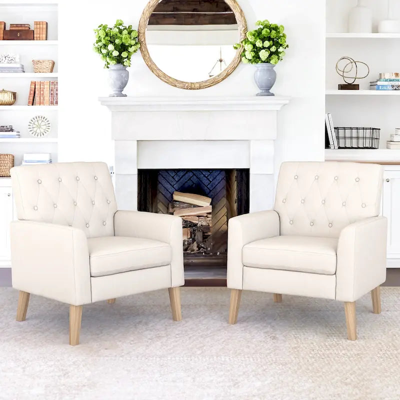 LUE BONA Linen and Walnut Legs Mid Century Modern Button Tufted Accent Chair (Set of 2) - 33.86 H X 27.95 W X 29.53 D