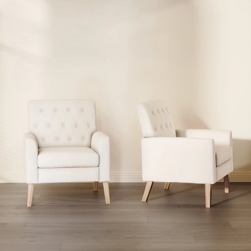 LUE BONA Linen and Walnut Legs Mid Century Modern Button Tufted Accent Chair (Set of 2) - 33.86 H X 27.95 W X 29.53 D