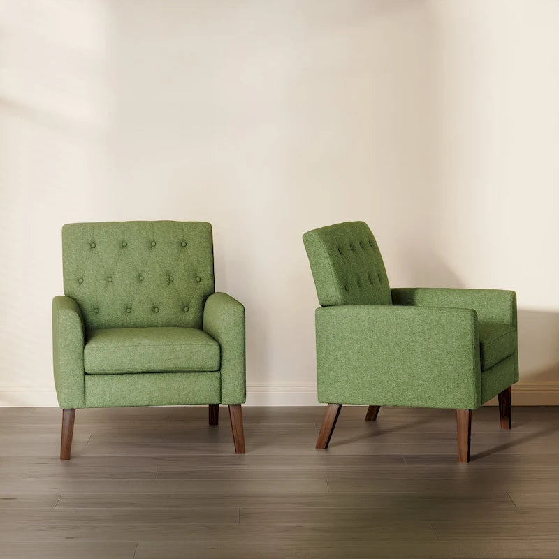 LUE BONA Linen and Walnut Legs Mid Century Modern Button Tufted Accent Chair (Set of 2) - 33.86 H X 27.95 W X 29.53 D