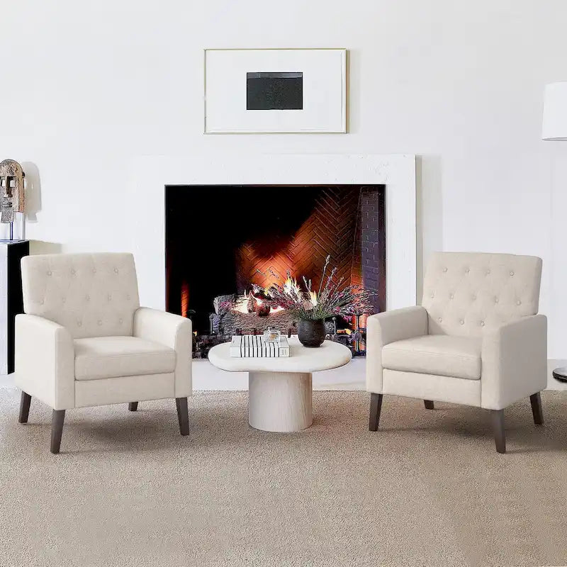 LUE BONA Linen and Walnut Legs Mid Century Modern Button Tufted Accent Chair (Set of 2) - 33.86 H X 27.95 W X 29.53 D