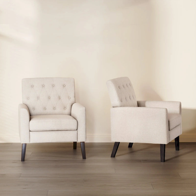 LUE BONA Linen and Walnut Legs Mid Century Modern Button Tufted Accent Chair (Set of 2) - 33.86 H X 27.95 W X 29.53 D