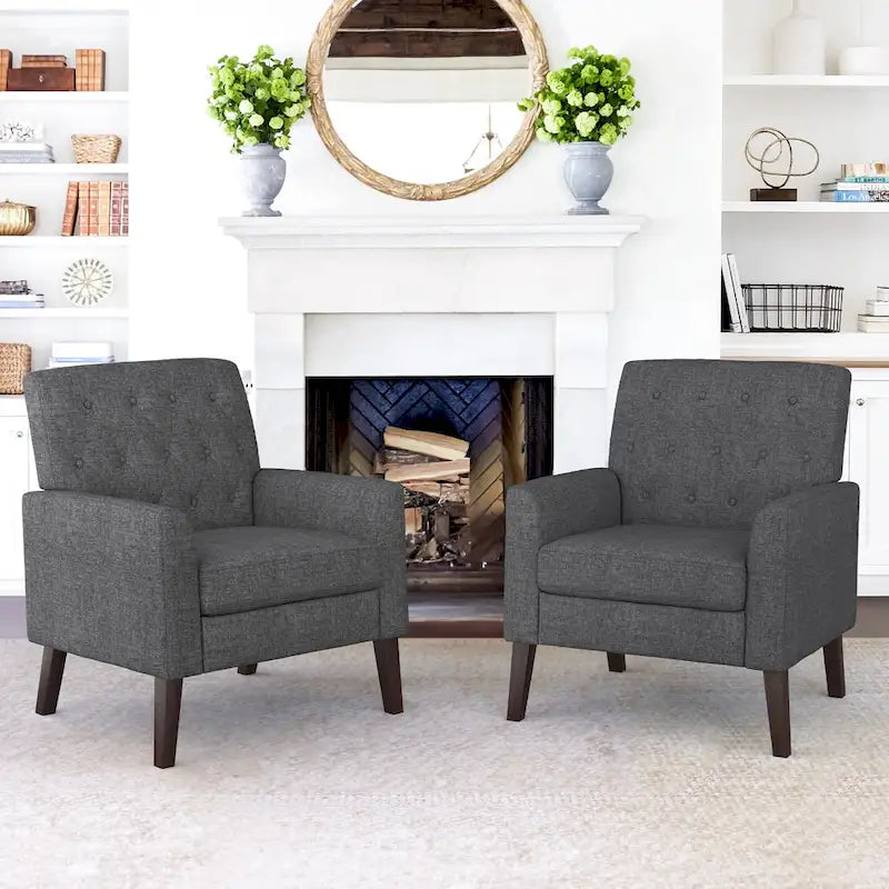 LUE BONA Linen and Walnut Legs Mid Century Modern Button Tufted Accent Chair (Set of 2) - 33.86 H X 27.95 W X 29.53 D