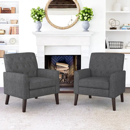 LUE BONA Linen and Walnut Legs Mid Century Modern Button Tufted Accent Chair (Set of 2) - 33.86 H X 27.95 W X 29.53 D