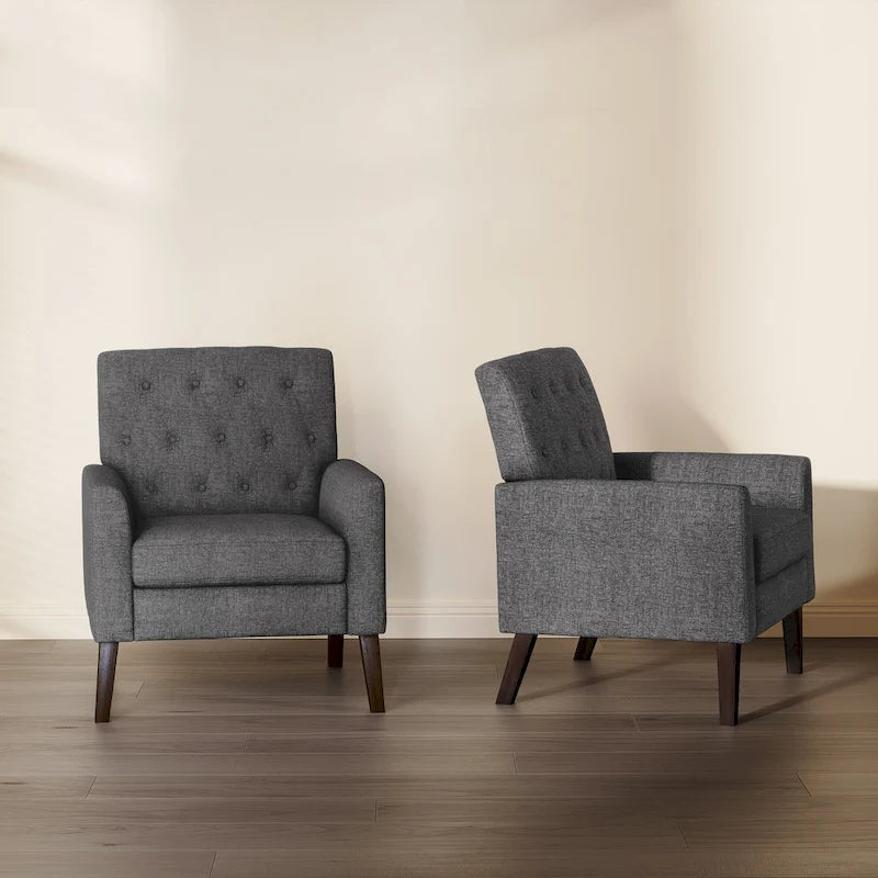 LUE BONA Linen and Walnut Legs Mid Century Modern Button Tufted Accent Chair (Set of 2) - 33.86 H X 27.95 W X 29.53 D