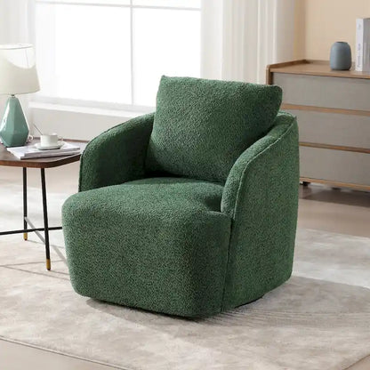 Boucle Fabric Upholstered Swivel Barrel Armchair With Pillow