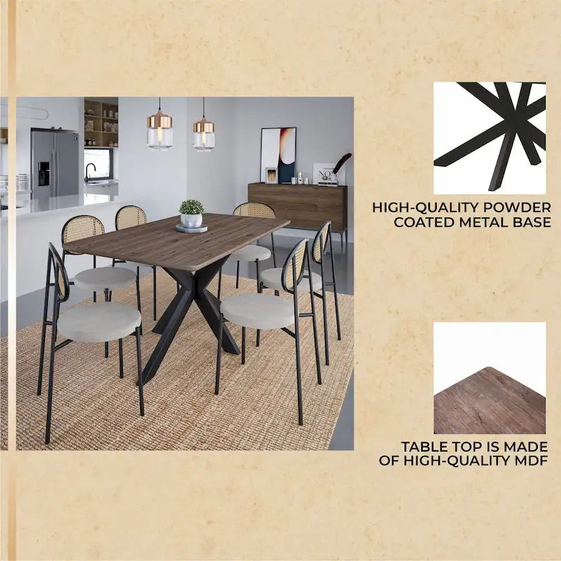 63 Rectangular Dining Table with MDF Tabletop & X-Cross Geometric Metal Base for Home Kitchen Dining Room
