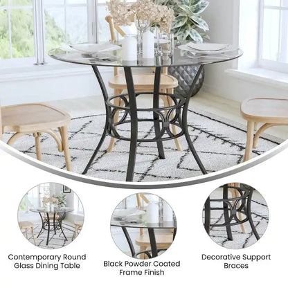 42 Round Glass Dining Table with Crescent Style Metal Frame