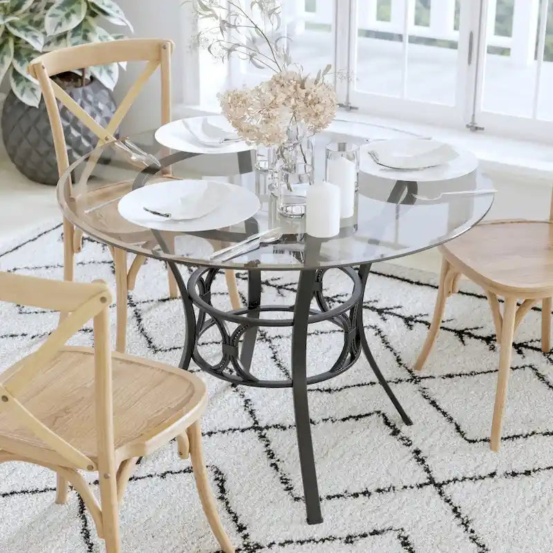 42 Round Glass Dining Table with Crescent Style Metal Frame