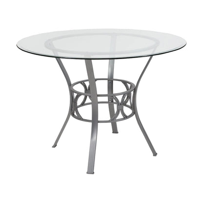42 Round Glass Dining Table with Crescent Style Metal Frame