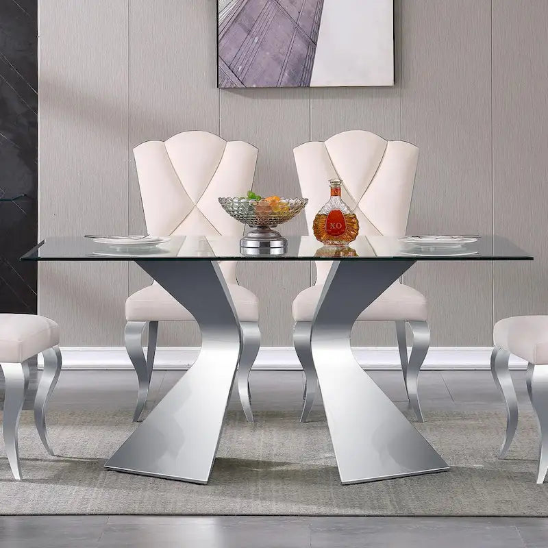 63 inch Glass Dining Table Modern Dining Room Table for 4-6 with Rectangle Tempered Glass Top and Metal Legs