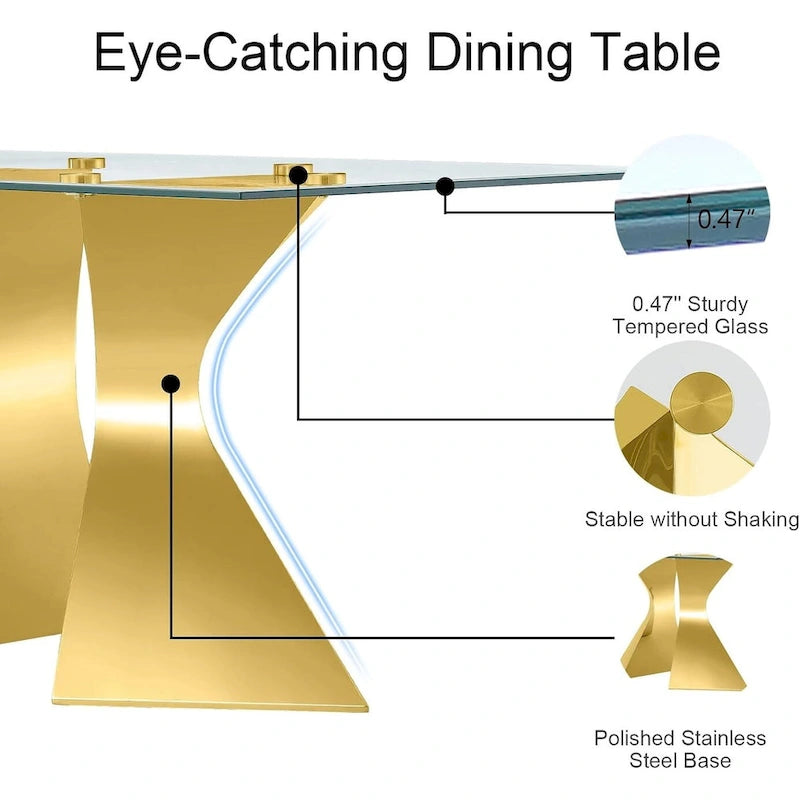 63 inch Glass Dining Table Modern Dining Room Table for 4-6 with Rectangle Tempered Glass Top and Metal Legs
