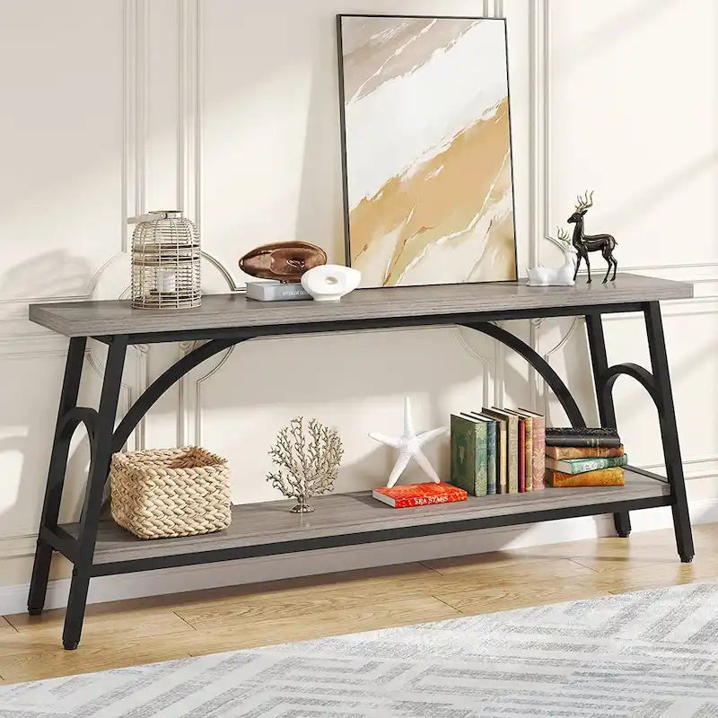 70.8 Extra Long Console Table, Narrow Sofa Tables with 2 Tier Storage Shelves