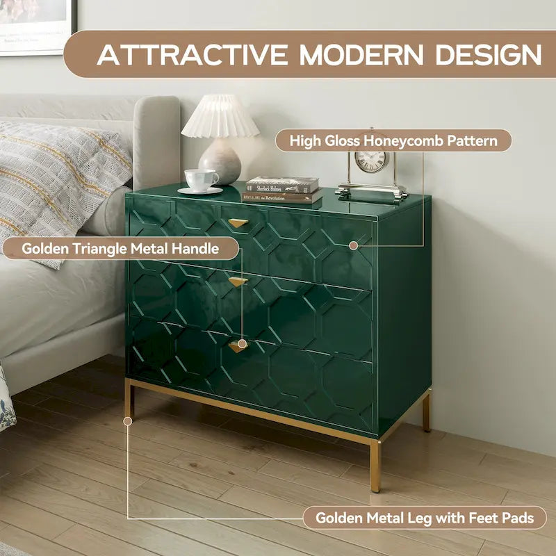 Clihome Modern Wooden Glossy 3-Drawer Storage Chest