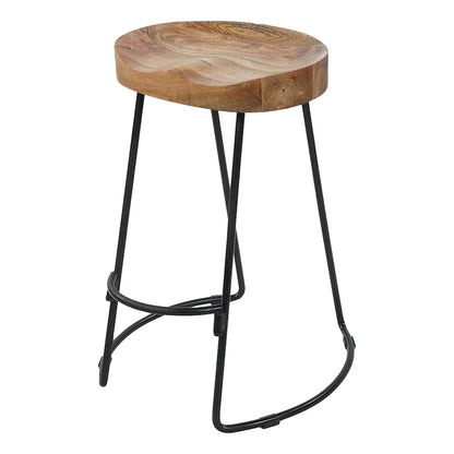 24 Inch Handcrafted Backless Barstool, Natural Brown Mango Wood Thick Saddle Seat, Black Iron Base