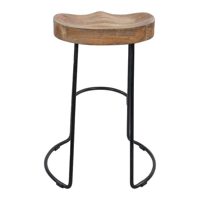 24 Inch Handcrafted Backless Barstool, Natural Brown Mango Wood Thick Saddle Seat, Black Iron Base