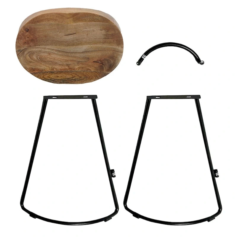 24 Inch Handcrafted Backless Barstool, Natural Brown Mango Wood Thick Saddle Seat, Black Iron Base