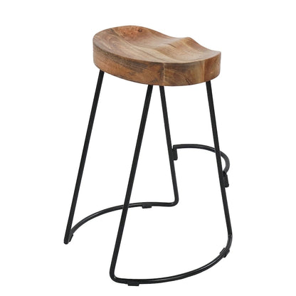 24 Inch Handcrafted Backless Barstool, Natural Brown Mango Wood Thick Saddle Seat, Black Iron Base