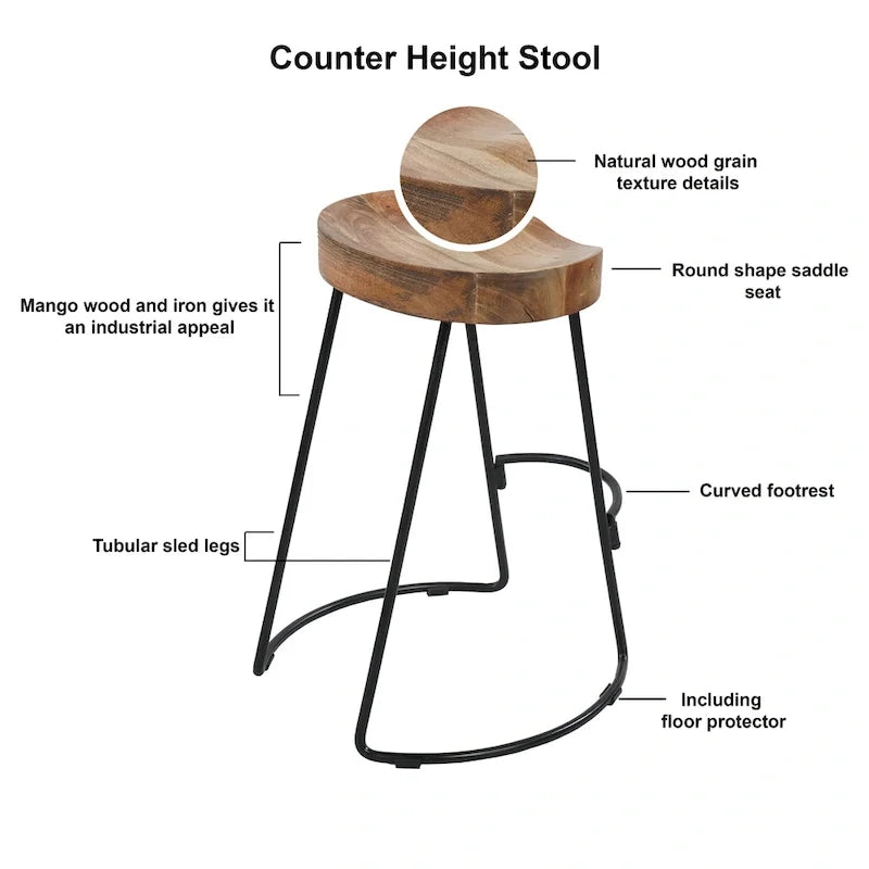 24 Inch Handcrafted Backless Barstool, Natural Brown Mango Wood Thick Saddle Seat, Black Iron Base