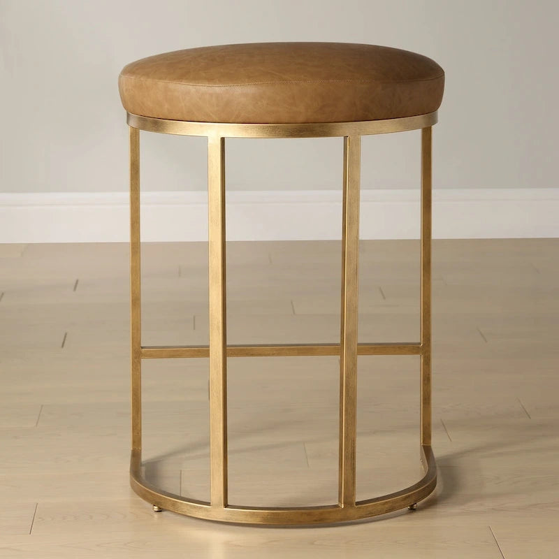 Gold Half-moon Metal Base and Camel Cushion Counter Stool