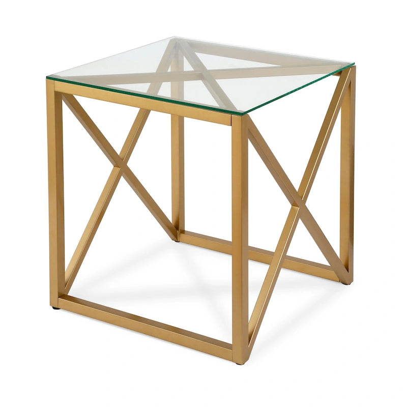 Dixon Geometric X-Base Metal & Glass Side Table in Golden Brass Finish