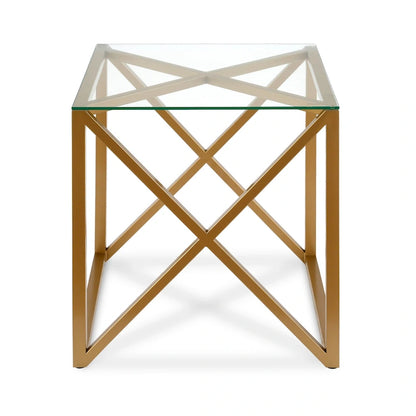 Dixon Geometric X-Base Metal & Glass Side Table in Golden Brass Finish