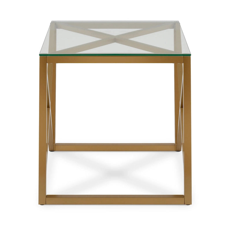 Dixon Geometric X-Base Metal & Glass Side Table in Golden Brass Finish