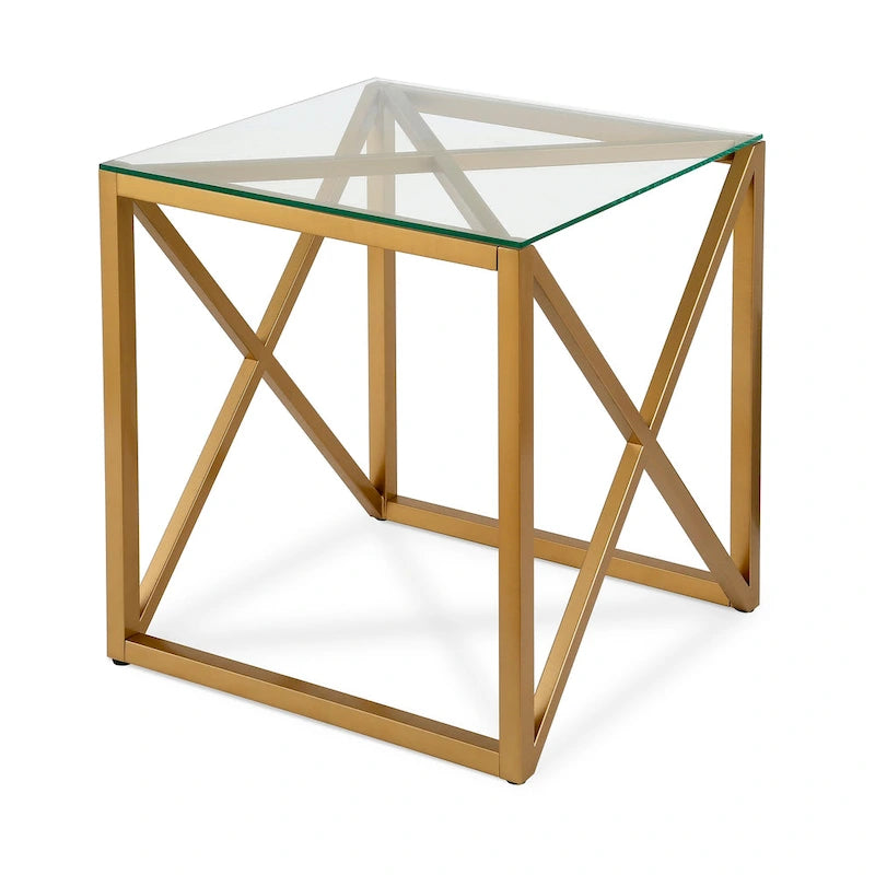 Dixon Geometric X-Base Metal & Glass Side Table in Golden Brass Finish