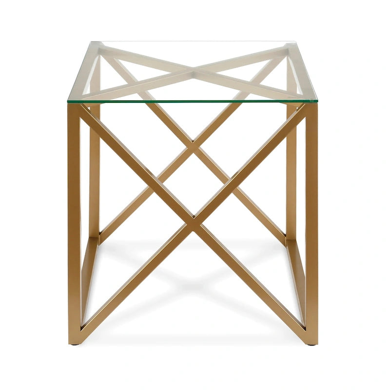 Dixon Geometric X-Base Metal & Glass Side Table in Golden Brass Finish