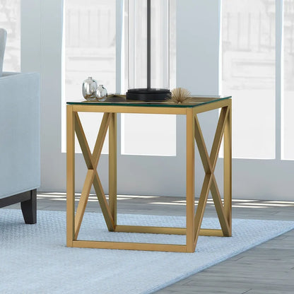 Dixon Geometric X-Base Metal & Glass Side Table in Golden Brass Finish