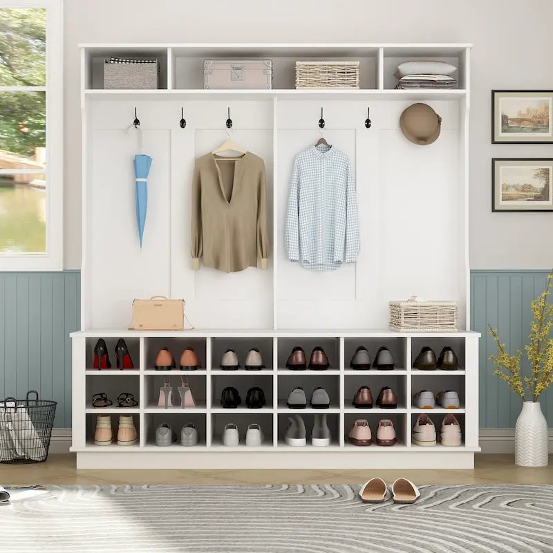 Large Hall Tree for Entryway Coat Rack Shoe Bench with Bottom Storage