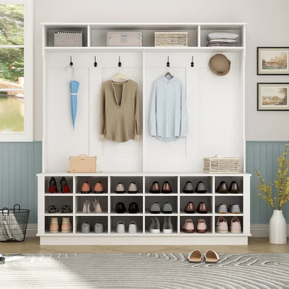 Large Hall Tree for Entryway Coat Rack Shoe Bench with Bottom Storage