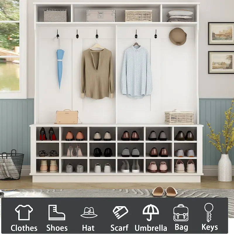 Large Hall Tree for Entryway Coat Rack Shoe Bench with Bottom Storage