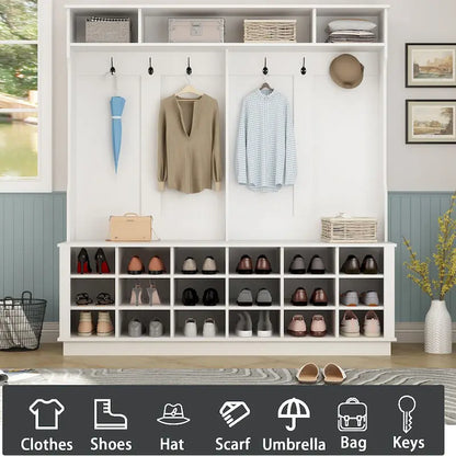 Large Hall Tree for Entryway Coat Rack Shoe Bench with Bottom Storage