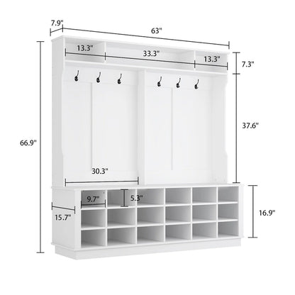 Large Hall Tree for Entryway Coat Rack Shoe Bench with Bottom Storage