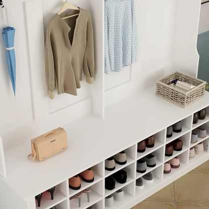 Large Hall Tree for Entryway Coat Rack Shoe Bench with Bottom Storage