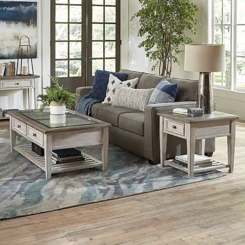 Heartland Antique White Living Room Table Set 3 Piece with Coffee Table, Side Tables