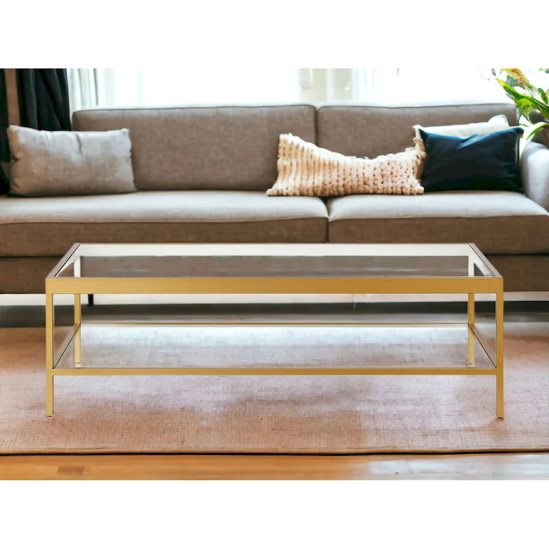 HomeRoots Clear And Gold Glass And Steel Coffee Table With Shelf - 54 X 17 X 24