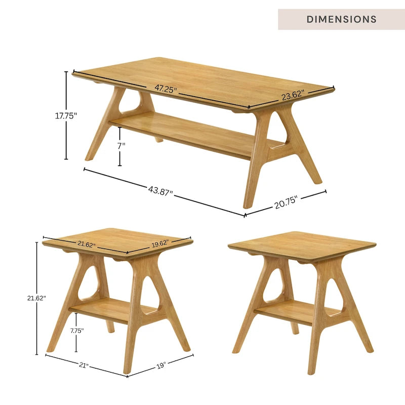 Roundhill Furniture Arona Mid-Century Modern Wood 3-Piece Coffee Table Set