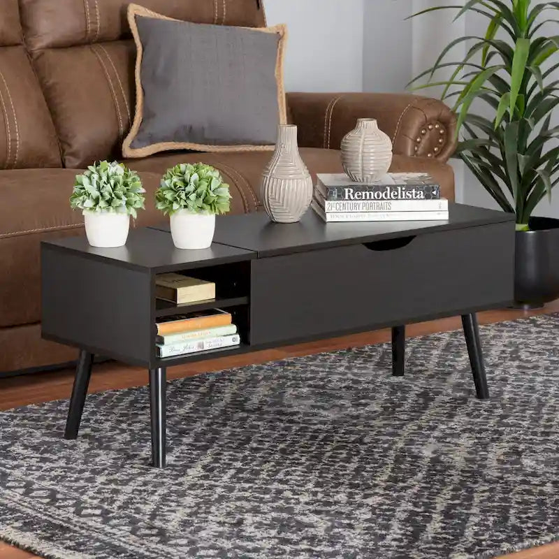 Roden Modern Two-Tone Black and Espresso Brown Finished Wood Coffee Table with Lift-Top Storage Compartment