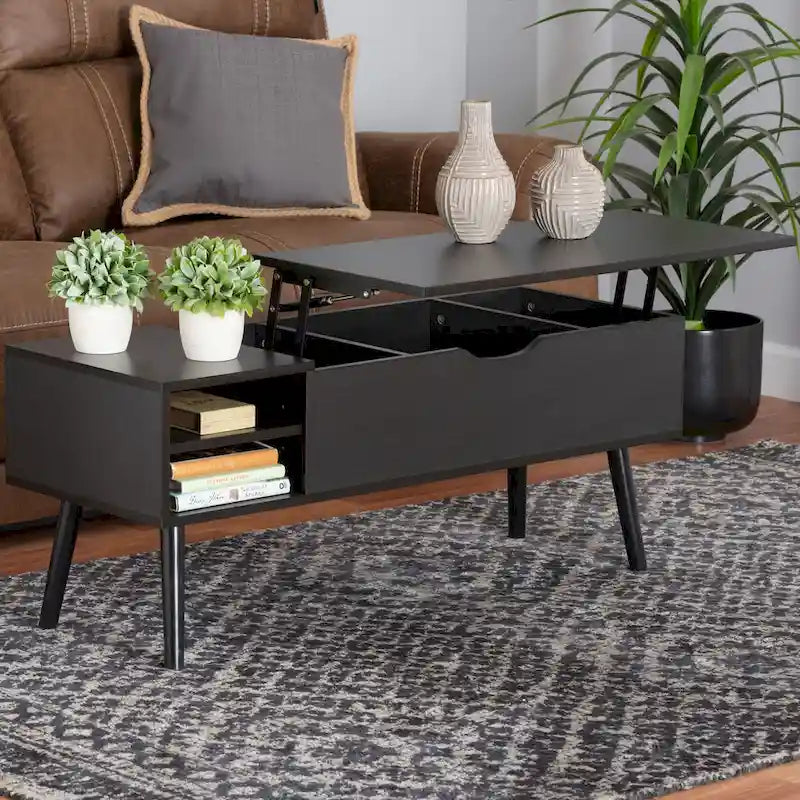 Roden Modern Two-Tone Black and Espresso Brown Finished Wood Coffee Table with Lift-Top Storage Compartment