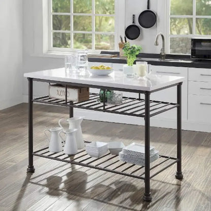 Kitchen Island with Marble Top in White and Gray