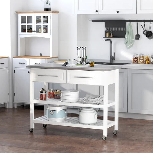 HOMCOM Stainless Steel Top Kitchen Island Rolling Utility Cart with Drawers & Shelves - White