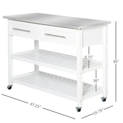 HOMCOM Stainless Steel Top Kitchen Island Rolling Utility Cart with Drawers & Shelves - White
